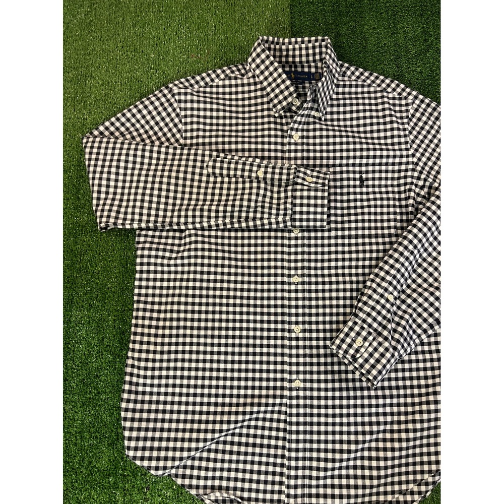 Ralph Lauren Mens Classic Fit Gingham Plaid Button Down Shirt Black White LG